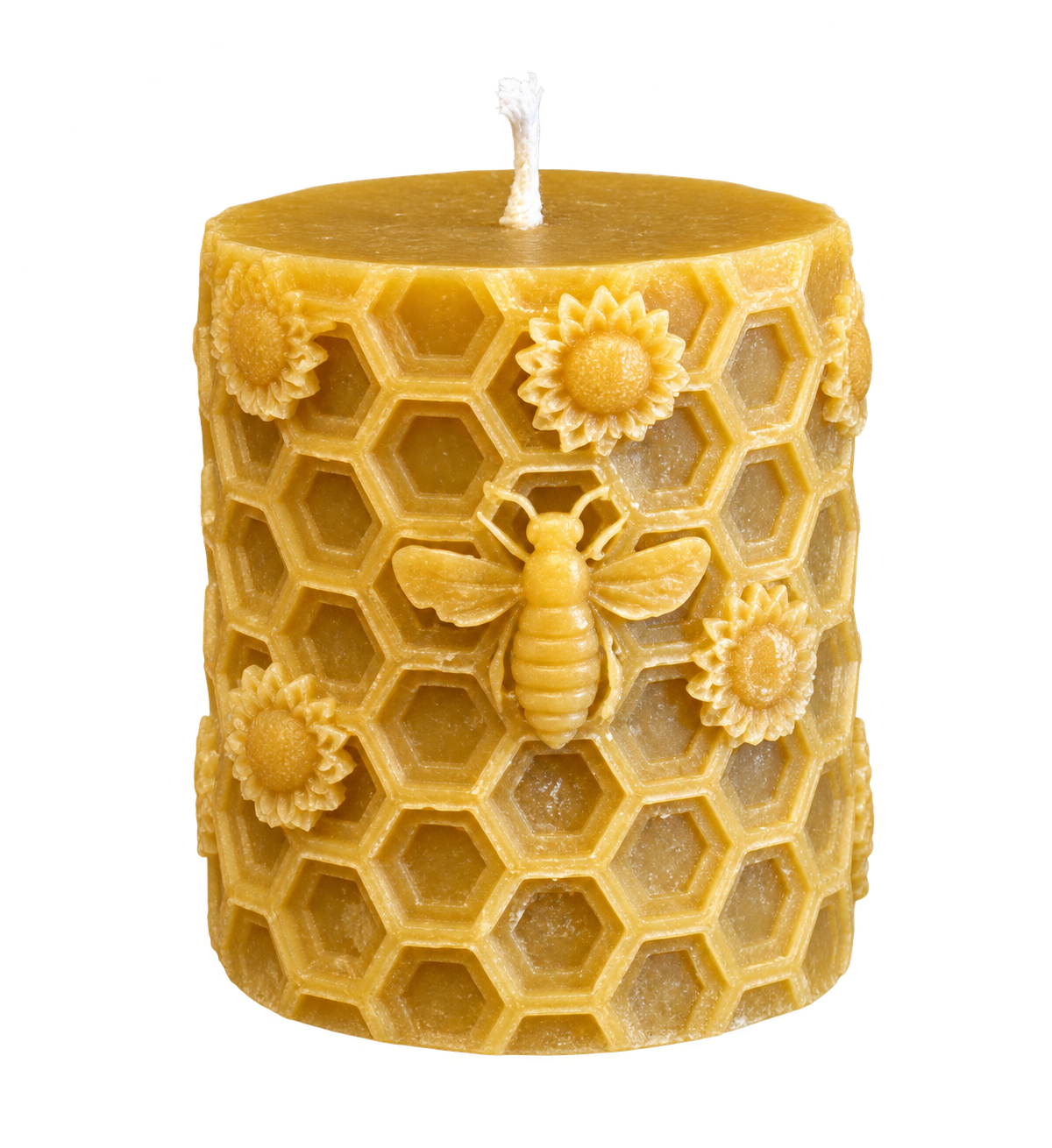 Beeswax Pillar Candle | Honeycomb & Bee on a transparent background