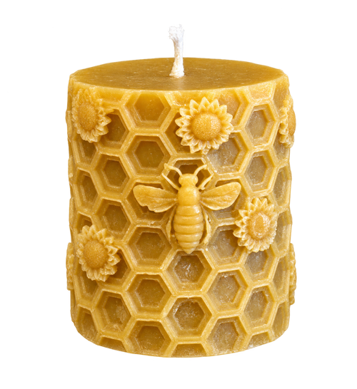 Beeswax Pillar Candle | Honeycomb & Bee on a transparent background