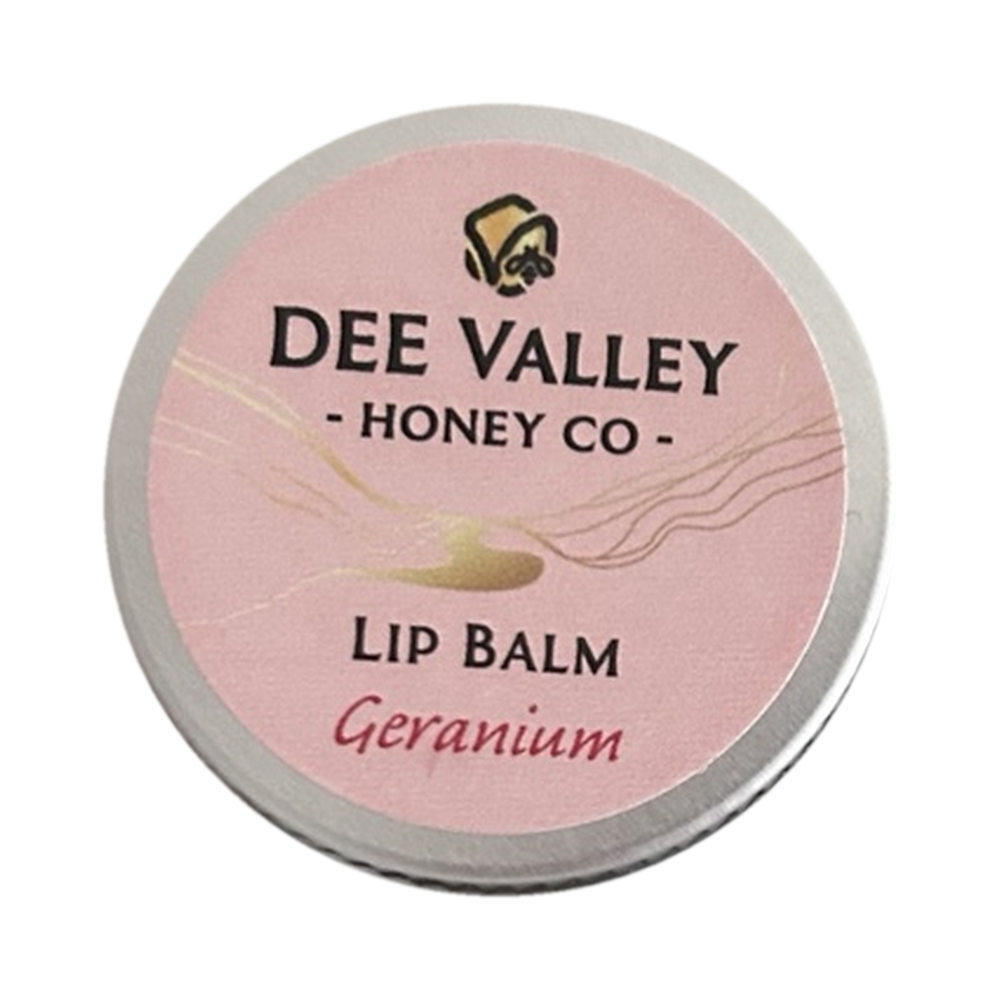Dee Valley Honey Co geranium lip balm on transparent background