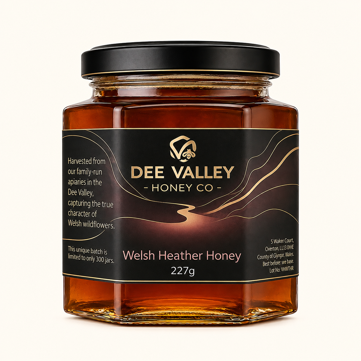 Dee Valley Honey Co Welsh Heather Honey 227g jar on cream background